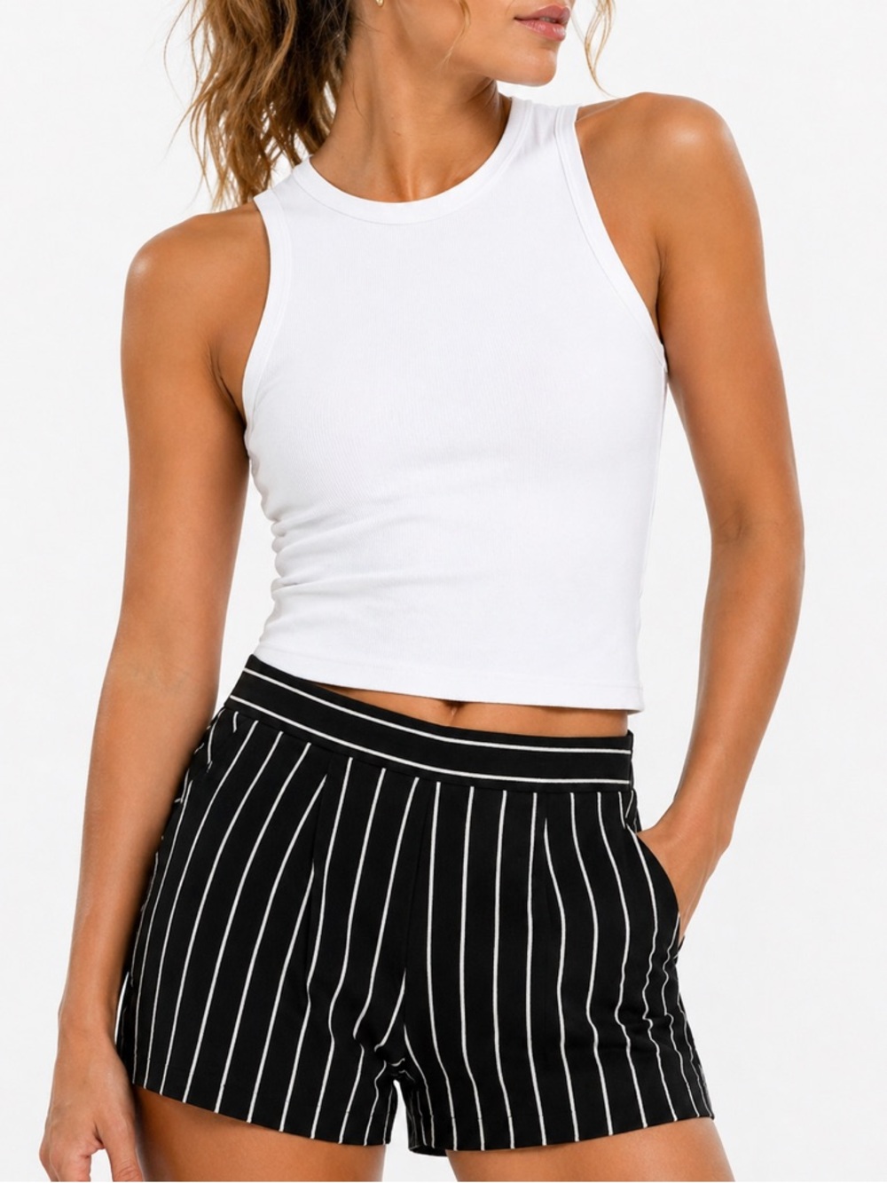 Minimalist Tailored Pinstripe Shorts Black White Size 8 Capsule Wardrobe Pullon